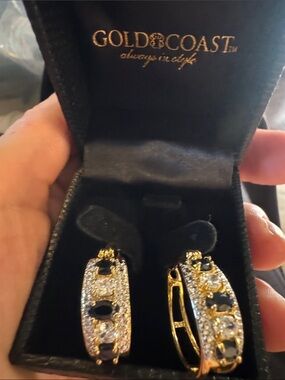 Gold Coast Gold-Tone Black and Clear Stone Hoop Earrings
